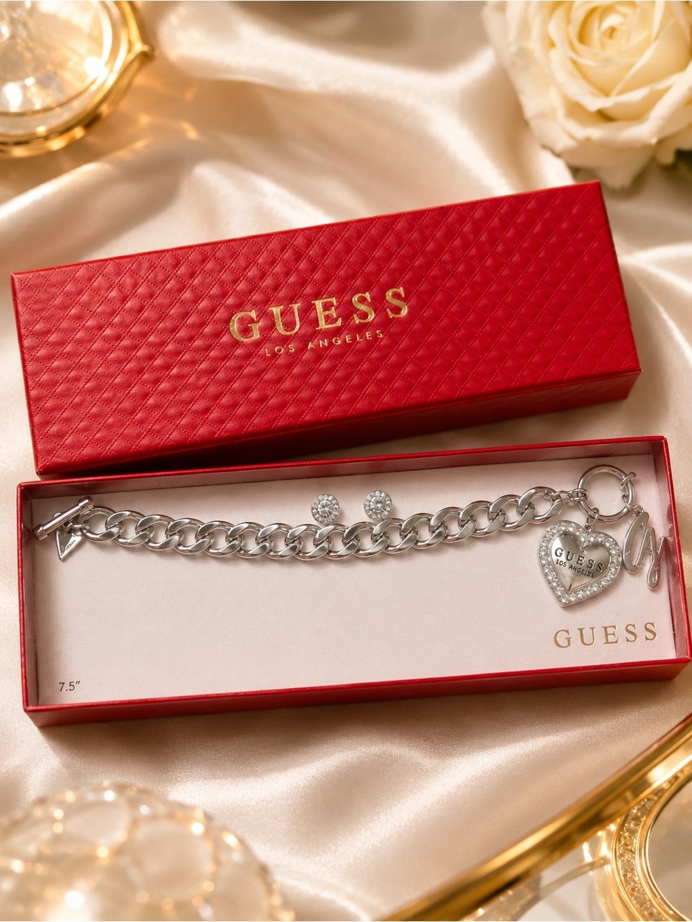NWT Style GUESS Los Angeles Silver Tone Charm Bracelet & Crystal Stud Earrings